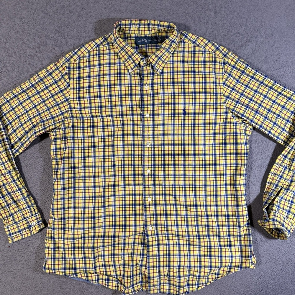 Polo Ralph Lauren Mens Button Up Shirt Thick Heavy XL Blue Yellow Plaid‎ Down